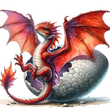 Watercolor painting of a baby dragon with vibrant red scales stretching its wings as it breaks free from a silvery egg, generative AI