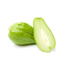 Chayote squash and a piece on a white background