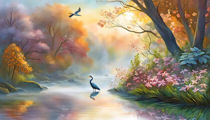 watercolor illustration of a landscape with flowers, branches, trees, river and birds against the sky