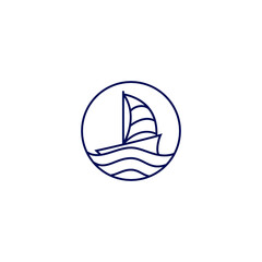 sailing ship line art logo design with circle frame