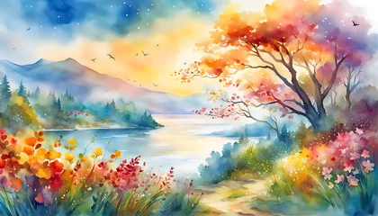 Foto op Plexiglas Digital watercolor illustration of a foggy morning with a river, flowers, branches, herons standing in the water and flying falling leaves © Perecciv