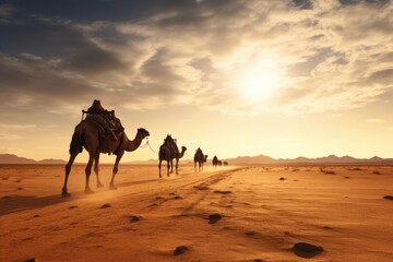 Camels trekking across a vast desert under the scorching sun.