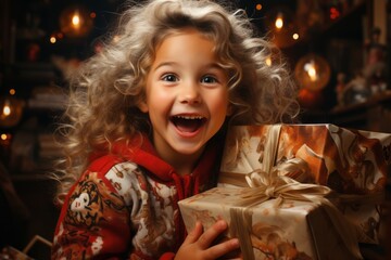A happy child holding their Christmas present