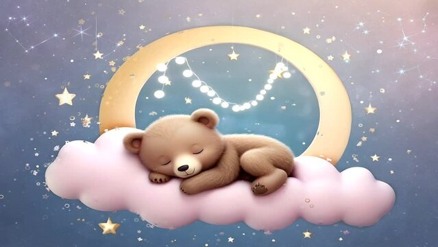 Cartoon illustration of a baby before sleeping. Cute and adorable bear cub sleeping on a cloud with a pastel color background. Video Smooth looping animation