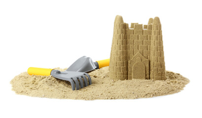 Pile of sand with beautiful castle and plastic toys isolated on white