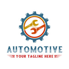 repair shop vector logo design, wrench in engine gear for car or motorcycle repair shop.