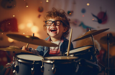 Fototapeta na wymiar A little boy playing drums in a room. Generative AI.