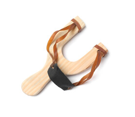 One wooden slingshot with leather pouch isolated on white, top view
