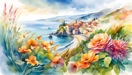 Digital colorful watercolor illustration of an Italian landscape with flowers, branches, and flying falling leaves