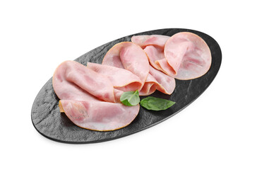 Slices of tasty ham and basil isolated on white