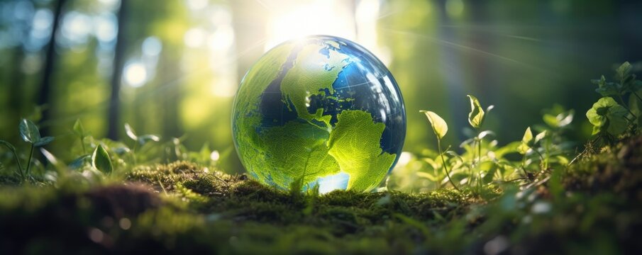 A glass globe sitting on top of a lush green field. Generative AI.