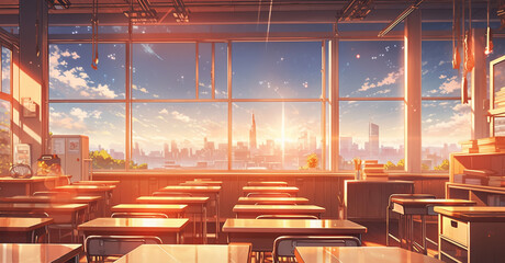 Classroom anime scene with a big window, sunny and warm, illustration, no people - obrazy, fototapety, plakaty