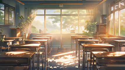 Classroom front view with a sunset, anime background art - obrazy, fototapety, plakaty