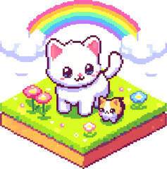 Isometric kittys with a rainbow pixel art isolated on white backgroind