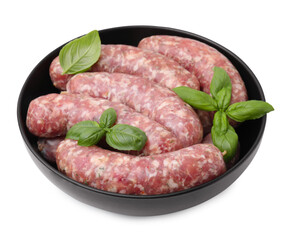 Raw homemade sausages and basil leaves in bowl isolated on white