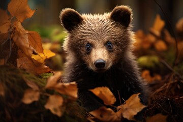 Cuddly bear cub exploring a dense forest floor.