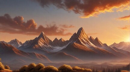 A breathtaking sunrise over a rugged mountain range, with the first light casting a warm, golden glow on the peaks and valleys, background image, AI generated