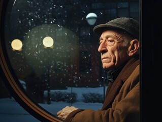 An elderly man looking out of a window in the snow. Generative AI.