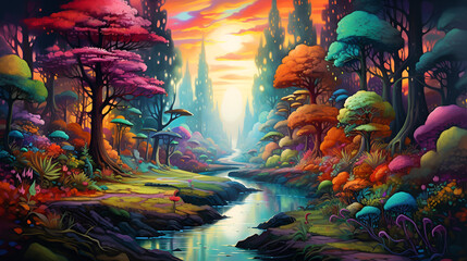 A colorful psychedelic forest landscape with a serene river flowing in the distance. Generative AI.