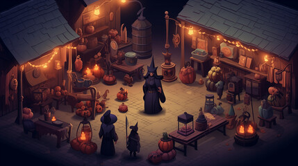 Isometric Illustration of a Bustling Witchcraft Market