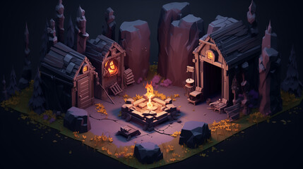 Isometric Illustration Depicting a Witch's Hidden Lair in a Mysterious Forest