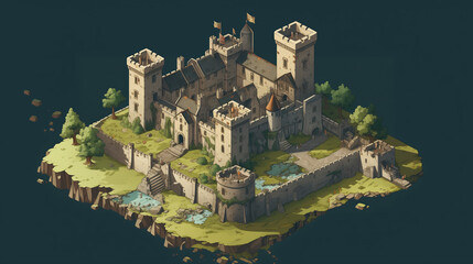 Isometric Illustration of a Historic Scottish Castle in Old English Style