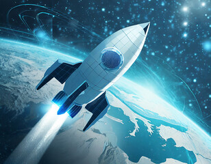Digital rocket flies in orbit of planet Earth. Abstract light blue technological background. Spaceship in outer cosmos