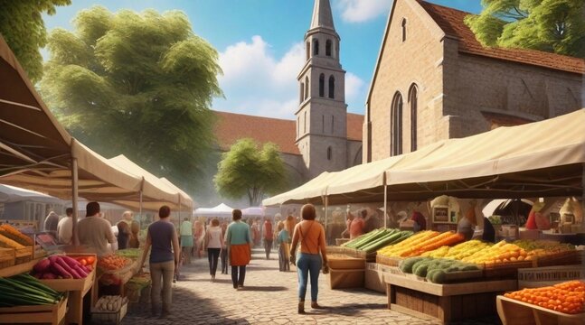 A lively farmer's market with colorful stalls, overflowing with fresh produce and handmade crafts, set against a backdrop of an old stone church, background image, AI generated
