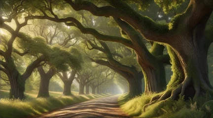 Fotobehang A peaceful country road lined with towering, ancient oak trees, their branches creating a tunnel of green foliage and dappled sunlight, background image, AI generated © Hifzhan Graphics