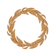 Watercolor illustration of a wreath made of ripe ears of wheat and dried leaves. Round frame of cobs isolated on white background. For menus, banners, poster printing, recipes, label packaging design