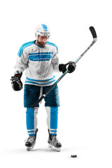 Sports failure. Sports emotions. Hockey player in a helmet and gloves and a stick in his hands on a white background. Professional hockey player.