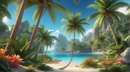 Fototapeta na wymiar Exotic and lush tropical scenes with palm trees, crystal-clear waters, and colorful tropical flora, background image, AI generated