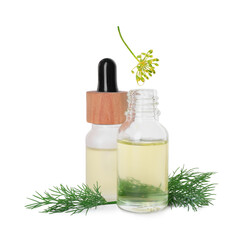 Bottles of essential oil and fresh dill isolated on white