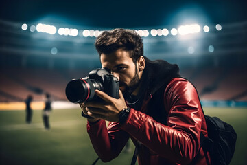 サッカー選手を撮影するフォトグラファー - obrazy, fototapety, plakaty