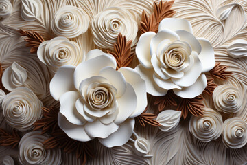 Elegant 3D White Roses and Leaves Wall Art Design