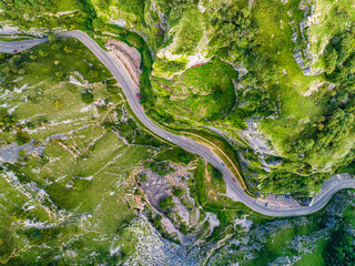 Top Down over Cliff Road in Cheddar Gorge and Caves, Cheddar Gorge, Somerset, England