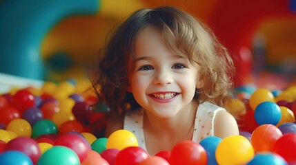 Fototapeta na wymiar little girl playing in a ball pit with many colors