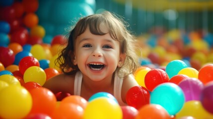 Fototapeta na wymiar little girl playing in a ball pit with many colors, red, green