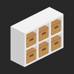 storage shelf bookcase with parcel boxes isometric vector flat illustration