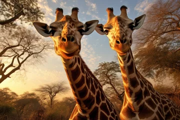 Gardinen Graceful giraffes stretching necks to reach treetops. © furyon