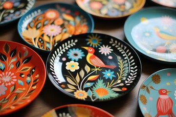 Hand-painted ceramic plates with folk art.