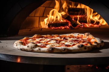Hand-tossed Neapolitan pizza fresh out of a wood-fired oven. - obrazy, fototapety, plakaty