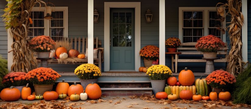 Rustic Halloween porch adorned with pumpkins and flowers