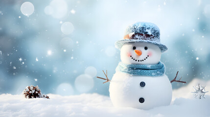 happy snowman standing on snowdrift with snowfall