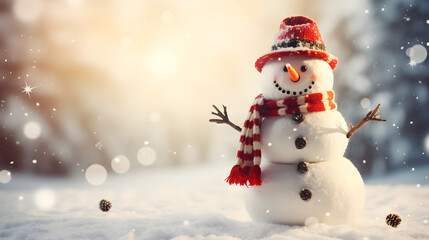 Obraz premium happy snowman standing on snowdrift with snowfall