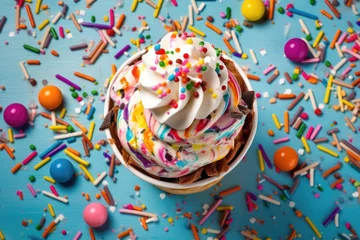 Fototapeten Colorful ice cream with sprinkles in paper cup on blue background surrounded by candy. © Postproduction