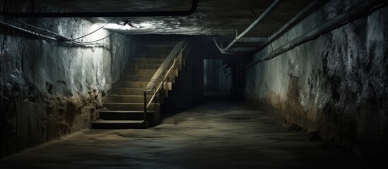Soviet military bunker s old abandoned underground corridor with a staircase leading to the surface - obrazy, fototapety, plakaty