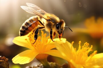 Honeybee on a flower, pollination and balanced ecosystem concept.