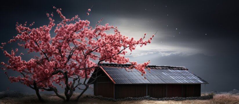 Solar panels installed behind plum tree on barn roof