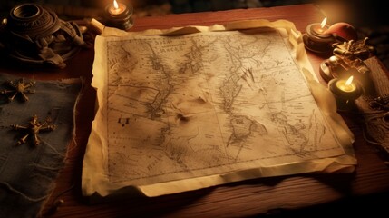 treasure map on a table surrounded by ancient objects, illuminated in high quality and resolution